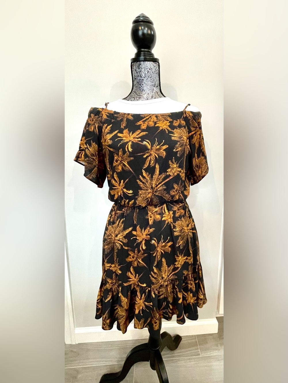 FARM Rio Black Mini Dress with Gold Tropical Print